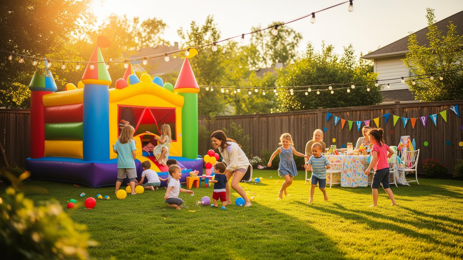 Backyard birthday party with bounce house and kids playing in Fort McMurray